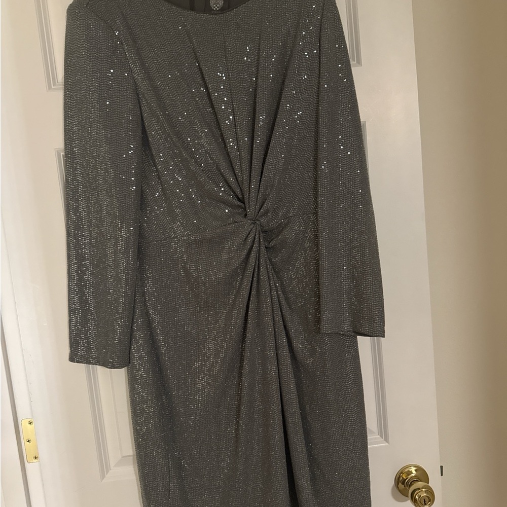 Metallic Gray Twist-Front Long Sleeve Dress